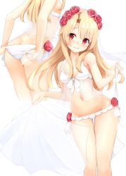 Rule 34 | 1girl, abstract background, ass, bare arms, bare legs, bare shoulders, bikini, blonde hair, blush, breasts, butt crack, cleavage, closed mouth, fate/kaleid liner prisma illya, fate (series), female focus, flower, flower hairband, frilled bikini, frills, from behind, hair between breasts, hair between eyes, hair flower, hair ornament, hibiscus, highres, illyasviel von einzbern, lingerie, long hair, looking at viewer, multiple views, navel, panties, red eyes, red flower, see-through, sidelocks, simple background, small breasts, smile, solo, standing, stomach, straight hair, swimsuit, thighs, underwear, undressing, veil, white background, white bikini, white panties, wide hips, zarashi