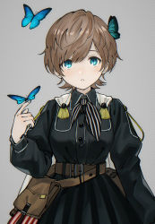 Rule 34 | 1girl, asawa (dm owr), belt, black dress, blue butterfly, blue eyes, brown hair, bug, butterfly, butterfly hair ornament, butterfly on hand, cape, cowboy shot, dress, girls&#039; frontline, hair ornament, highres, hp-35 (girls&#039; frontline), insect, looking at viewer, pouch, short hair, solo