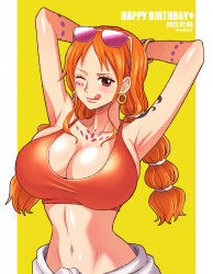 Rule 34 | 1girl, border, bra, breasts, brown eyes, cleavage, earrings, english text, eyewear on head, hand on own head, highres, jewelry, large breasts, looking at viewer, midriff, nami (one piece), one eye closed, one piece, orange bra, orange hair, shoulder tattoo, simple background, solo, sunglasses, tattoo, tongue, tongue out, underwear, white border, youkan (tako)