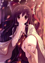 Rule 34 | 1girl, blush, bow, brown hair, caidychen, detached sleeves, female focus, foreshortening, hair bow, hakurei reimu, japanese clothes, jewelry, long hair, looking at viewer, miko, pov, marriage proposal, red eyes, ring, solo focus, touhou
