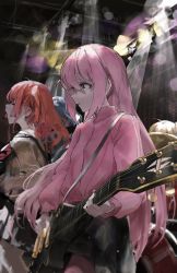Rule 34 | 4girls, absurdres, band, blonde hair, blue eyes, blue hair, bocchi the rock!, closed eyes, drum, drum set, electric guitar, expressionless, gibson les paul, gotoh hitori, guitar, highres, holding, holding instrument, ijichi nijika, instrument, jacket, kita ikuyo, long hair, multiple girls, music, open mouth, pants, parted lips, pink hair, pink jacket, pink pants, plectrum, red hair, rsef, singing, skirt, stage, stage lights, track jacket, track suit, yamada ryo