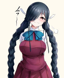 Rule 34 | 1girl, alternate hairstyle, aqua bow, aqua bowtie, black hair, bow, bowtie, braid, breasts, em denpani, hair over one eye, halterneck, hayashimo (kancolle), highres, kantai collection, large breasts, long hair, looking at viewer, red eyes, school uniform, shirt, smile, smug, solo, twin braids, very long hair, white shirt
