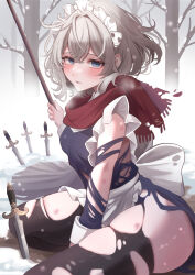 Rule 34 | 1girl, absurdres, apron, back bow, bare tree, between legs, blue dress, blue eyes, bow, breath, bruise, closed mouth, commentary request, dagger, dress, feet out of frame, grey hair, hand between legs, highres, holding, holding mop, injury, izayoi sakuya, knife, long sleeves, looking at viewer, maid apron, maid headdress, maka (user rryf2748), medium hair, mop, outdoors, red scarf, scarf, seiza, sitting, snow, snowing, solo, thighhighs, torn clothes, torn dress, torn scarf, torn thighhighs, touhou, tree, weapon, white apron, winter