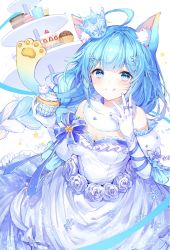 Rule 34 | 1girl, :q, absurdres, ahoge, animal ear fluff, animal ears, blue eyes, blue hair, blue ribbon, blush, breasts, cat ears, cleavage, closed mouth, crown, cupcake, dress, elbow gloves, flower, food, food on face, frilled dress, frills, fur collar, gloves, gradient hair, hair ornament, highres, holding, holding food, indie virtual youtuber, jewelry, lanmewko, large breasts, long hair, looking at viewer, mini crown, multicolored hair, multiple rings, noyu (noyu23386566), ribbon, ring, simple background, smile, snowflake hair ornament, solo, star (symbol), tiered tray, tongue, tongue out, very long hair, virtual youtuber, white background, white dress, white flower, white gloves, white hair