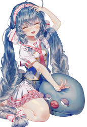 Rule 34 | 1girl, :d, ^ ^, absurdres, ahoge, arm up, bare legs, barefoot, blue hair, blush, bow, braid, breasts, closed eyes, fang, hair bow, hair ornament, hairband, hand on own head, highres, holding, holding hair, long hair, low-braided long hair, low-tied long hair, miniskirt, necktie, oohhya, open mouth, otomachi una, otomachi una (sugar), outstretched arm, pleated skirt, red necktie, school uniform, scratching head, serafuku, short sleeves, simple background, sitting, skin fang, skirt, skirt set, smile, solo, stuffed toy, twin braids, twintails, very long hair, vest, vocaloid, wariza, white background