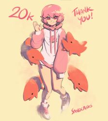 Rule 34 | 1girl, absurdres, artist name, drawstring, fish, food, fruit, full body, hand up, highres, hood, hood down, hoodie, long sleeves, looking at viewer, milestone celebration, original, peach, pillow (sandcasks), pink hair, print hoodie, red eyes, sandcasks, shoes, short hair, signature, simple background, sleeves past fingers, sleeves past wrists, smile, solo, thank you, yellow background