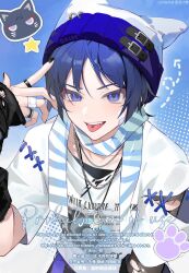 Rule 34 | 1boy, bananakeki, bandaid, bandaid on cheek, bandaid on face, black gloves, blue eyes, blue hair, genshin impact, gloves, hair between eyes, hat, jewelry, looking at viewer, male focus, necklace, open mouth, piercing, scaramouche (cat) (genshin impact), scaramouche (genshin impact), scarf, shirt, short hair, smile, solo, striped clothes, striped scarf, tongue, tongue out, tongue piercing, wanderer (genshin impact), white hat, white shirt