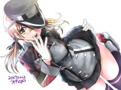 Rule 34 | 10s, 1girl, :d, artist name, black skirt, black thighhighs, blonde hair, dated, gloves, green eyes, hat, kantai collection, long hair, long sleeves, low twintails, military, military uniform, miniskirt, open mouth, peaked cap, pleated skirt, prinz eugen (kancolle), simple background, skirt, smile, solo, teeth, thighhighs, twintails, ugeppa, uniform, white background, white gloves