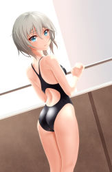 Rule 34 | 10s, 1girl, absurdres, anastasia (idolmaster), ass, bare arms, bare legs, bare shoulders, black one-piece swimsuit, blue eyes, closed mouth, competition swimsuit, cowboy shot, day, dutch angle, eyelashes, hair between eyes, highres, idolmaster, idolmaster cinderella girls, lips, looking at viewer, one-piece swimsuit, railing, short hair, silver hair, smile, solo, standing, sunlight, swimsuit, taka (takahirokun), tsurime