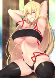 Rule 34 | 1girl, arms up, aster crowley, blonde hair, body markings, breasts, cleft of venus, fate (series), genderswap, genderswap (mtf), gilgamesh (fate), gilgamesh-ko, highres, jewelry, large breasts, red eyes, strapless, thighhighs, thong, tube top