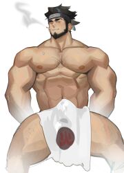 Rule 34 | 1boy, abs, amaimochi, bara, beard, black hair, blush, bulge, chest hair, cigarette, covering privates, cum, cum in clothes, cum through clothes, erection, erection under clothes, facial hair, feet out of frame, forehead protector, highres, invisible chair, konohagakure symbol, large pectorals, looking at viewer, male focus, manspreading, mature male, muscular, muscular male, naruto (series), naruto shippuuden, navel, navel hair, nipples, nude cover, pectorals, pelvic curtain, sarutobi asuma, short hair, sitting, smoke, smug, solo, sweat, thick thighs, thighs, very sweaty