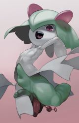 Rule 34 | 1boy, :d, absurdres, anal beads, armpits, arms up, colored skin, creatures (company), dress, game freak, gen 3 pokemon, gloss, green hair, green skin, hair over one eye, highres, impossible clothes, kirlia, looking at viewer, navel, nintendo, open mouth, penis, pokemon, pokemon (creature), red eyes, sex toy, short hair, smile, solo, trap, white skin