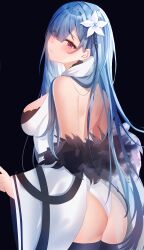 Rule 34 | 1girl, absurdres, ass, azur lane, bare back, bare shoulders, black background, black thighhighs, blue eyes, blush, breasts, coat, eyes visible through hair, flower, from behind, fur-trimmed coat, fur trim, hair flower, hair ornament, hair over one eye, highres, large breasts, leotard, long hair, looking at viewer, looking back, parted lips, purple eyes, simple background, solo, suimo (suimodayo), thighhighs, voroshilov (azur lane), white coat, white leotard, wide sleeves