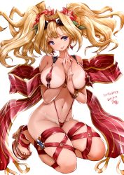 Rule 34 | 10s, 1girl, 2015, :p, areola slip, between breasts, bikini, blonde hair, blue eyes, breasts, clog sandals, covered erect nipples, dated, eyewear on head, flower, granblue fantasy, hair flower, hair ornament, hibiscus, huge breasts, long hair, looking at viewer, platform footwear, red bikini, revealing clothes, sandals, shawl, simple background, slingshot swimsuit, smile, solo, souryu, sunglasses, swimsuit, tan, tanline, thigh strap, tongue, tongue out, twintails, white background, zeta (granblue fantasy)