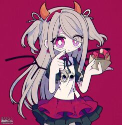 Rule 34 | 1girl, artist name, chibi, colored skin, commission, doughnut, dress, earrings, eating, food, funamusea (artist), hair ribbon, hairband, highres, holding, holding food, horns, jewelry, looking at viewer, pout, purple background, purple eyes, ribbon, skeb commission, solo, tagme, white hair, white skin, wings
