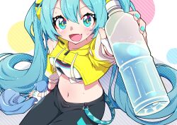 Rule 34 | 1girl, aqua eyes, aqua hair, arm up, blush, bottle, bra, commentary, cowboy shot, cropped jacket, drawstring, fang, fingerless gloves, fitness boxing, foreshortening, fuusen neko, giving, gloves, hair ornament, hatsune miku, highres, holding, holding bottle, hood, hooded jacket, incoming drink, jacket, lanyard, long hair, midriff, navel, official alternate costume, open mouth, outstretched arm, pants, reaching, reaching towards viewer, sitting, skin fang, smile, solo, sports bra, sweat, towel, track pants, twintails, underwear, very long hair, vocaloid, water bottle, white bra, white gloves, yellow jacket