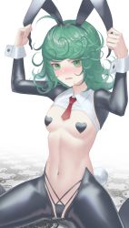Rule 34 | 1girl, animal ears, black legwear, blush, breasts, curly hair, dmith, embarrassed, fake animal ears, female focus, green eyes, green hair, heart pasties, highres, looking at viewer, maebari, matching hair/eyes, meme attire, navel, necktie, one-punch man, open mouth, pasties, rabbit ears, rabbit tail, revealing clothes, reverse bunnysuit, reverse outfit, short hair, shrug (clothing), small breasts, solo, tail, tatsumaki, thighs