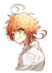 Rule 34 | 1girl, ahoge, artist name, bride, closed mouth, emma (yakusoku no neverland), green eyes, hair ribbon, looking at viewer, neck tattoo, number tattoo, orange hair, ribbon, sapphire (nine), shirt, short hair, simple background, smile, solo, tattoo, white background, white shirt, yakusoku no neverland