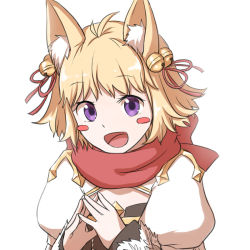 Rule 34 | 1girl, :d, animal ear fluff, animal ears, arch bishop (ragnarok online), bell, black dress, blonde hair, blush stickers, breasts, cleavage cutout, clothing cutout, commentary request, cross, dress, fingers together, fox ears, hair bell, hair ornament, hair ribbon, jingle bell, juliet sleeves, long sleeves, looking at viewer, natsuya (kuttuki), open mouth, puffy sleeves, ragnarok online, red ribbon, red scarf, ribbon, scarf, short hair, simple background, small breasts, smile, solo, two-tone dress, upper body, white background, white dress