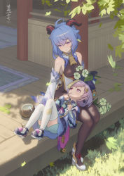 Rule 34 | 2girls, :o, absurdres, ahoge, ancle (aruncle), bare shoulders, bead necklace, beads, bell, blue hair, blush, breasts, coconut, cowbell, day, drink, drinking straw, earrings, flower, full body, ganyu (genshin impact), genshin impact, gloves, grass, half-closed eyes, hat, high heels, highres, jewelry, jiangshi, lap pillow, leaf, light smile, long sleeves, lying, multiple girls, necklace, on back, outdoors, purple eyes, purple hair, qiqi (genshin impact), shorts, sitting, thighhighs