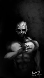 Rule 34 | 1boy, artist name, cross, cross necklace, dark skin, dark-skinned male, dated, eno (lifeloader), enrico pucci, greyscale, hand on own chest, highres, jewelry, jojo no kimyou na bouken, male focus, monochrome, necklace, realistic, topless male, short hair, signature, solo