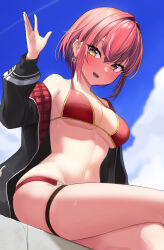 1girl breasts cleavage heterochromia highres hololive houshou_marine kakinotane_e looking_at_viewer official_alternate_costume open_mouth outdoors red_eyes red_hair short_hair smile solo virtual_youtuber yellow_eyes