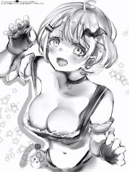 Rule 34 | 1girl, :d, areola slip, bad id, bad pixiv id, bat hair ornament, blush, breasts, choker, claw pose, cleavage, fang, fingerless gloves, gloves, greyscale, hair ornament, hairclip, hand up, highres, hololive, looking at viewer, medium breasts, monochrome, nanashi (nlo), navel, nipple slip, nipples, open mouth, revealing clothes, short hair, skin fang, smile, solo, upper body, virtual youtuber, yozora mel, yozora mel (2nd costume)