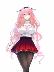 Rule 34 | 1girl, alternate costume, animal ear fluff, animal ears, artist name, belt, black belt, black thighhighs, blush, bow, breasts, cleavage, closed mouth, earrings, feet out of frame, girls&#039; frontline, girls&#039; frontline neural cloud, hair bow, highres, jewelry, large breasts, long hair, long sleeves, looking at viewer, persicaria (neural cloud), pink hair, purple eyes, red skirt, skirt, snowflake earrings, solo, standing, sweater, thighhighs, white background, white sweater, yuiga nao, zettai ryouiki