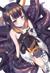 Rule 34 | 1girl, bare shoulders, black dress, black gloves, black hair, blue eyes, blunt bangs, blush, collarbone, dress, feathered wings, feathers, from above, fur collar, gloves, halo, heart, heart print, highres, hololive, hololive english, horns, long hair, long sleeves, looking at viewer, low wings, multicolored hair, ninomae ina&#039;nis, ninomae ina&#039;nis (1st costume), open mouth, pointy ears, purple hair, purple ribbon, ribbon, sitting, smile, solo, strapless, strapless dress, superpig, takodachi (ninomae ina&#039;nis), tentacle hair, tentacles, very long hair, virtual youtuber, white wings, wings