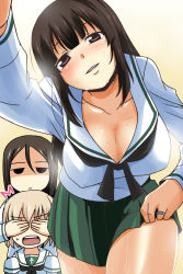 Rule 34 | 10s, 3girls, alternate costume, black hair, breasts, brown eyes, can&#039;t show this (meme), cleavage, collarbone, commentary request, covering another&#039;s eyes, covering own eyes, eyebrows, girls und panzer, green skirt, highres, hime cut, jewelry, katyusha (girls und panzer), large breasts, long hair, long sleeves, looking at viewer, mature female, multiple girls, neckerchief, nishi koutarou, nishizumi shiho, nonna (girls und panzer), ooarai school uniform, open mouth, pleated skirt, ring, school uniform, serafuku, short hair, skirt, sweat, wedding band