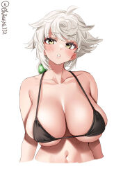 Rule 34 | 1girl, asymmetrical hair, bikini, black bikini, braid, braided ponytail, breasts, collarbone, cropped arms, cropped torso, ebifurya, grey hair, hair ornament, highres, kantai collection, large breasts, looking at viewer, navel, one-hour drawing challenge, parted lips, simple background, solo, swimsuit, twitter username, unryuu (kancolle), upper body, white background, yellow eyes