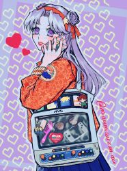 Rule 34 | 1girl, asamiya athena, bag, blue skirt, brand name imitation, cellphone, comb, double bun, eyebrows hidden by hair, unworn eyewear, fingernails, from side, hair bun, hair intakes, hair ribbon, hairband, hand up, handbag, handheld game console, heart, highres, holding, holding phone, jewelry, long hair, long sleeves, neo geo pocket color, open mouth, phone, pleated skirt, poririna, psycho soldier, purple background, purple eyes, purple hair, red hairband, red lips, red ribbon, ribbon, ring, sie kensou, skirt, smartphone, solo, star (symbol), star print, star ring, sunglasses, sunglasses removed, teeth, the king of fighters, twitter username, zipper pull tab