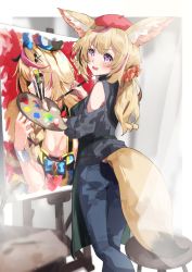 Rule 34 | 1girl, animal ear fluff, animal ears, beret, black hair, black shirt, blonde hair, blue pants, blush, canvas (object), clothing cutout, fox ears, fox girl, fox tail, hat, holding, holding paintbrush, holding palette, hololive, long hair, long sleeves, looking at viewer, looking back, multicolored hair, omaru polka, omaru polka (1st costume), open mouth, paintbrush, painting (action), palette (object), pants, pink hair, purple eyes, red hat, shirt, shoulder cutout, solo, streaked hair, tail, tsushi, virtual youtuber