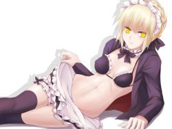 Rule 34 | 1girl, ahsiu, artoria pendragon (all), artoria pendragon (alter swimsuit rider) (second ascension) (fate), artoria pendragon (fate), bikini, black thighhighs, blonde hair, blush, breasts, fate/grand order, fate (series), looking at viewer, maid, maid bikini, maid headdress, medium breasts, navel, parted lips, saber alter, short hair, smile, solo, swimsuit, thighhighs, unconventional maid, yellow eyes