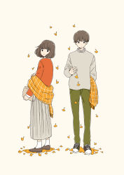 Rule 34 | 1boy, 1girl, :o, :|, absurdres, adjusting clothes, ankle socks, arm behind back, autumn, autumn leaves, beige background, black eyes, black footwear, blunt bangs, bob cut, book, brown footwear, brown hair, closed mouth, cross-laced footwear, dot nose, eyes visible through hair, falling leaves, floating hair, fringe trim, from behind, from side, full body, ginkgo leaf, green pants, grey shirt, grey skirt, hair between eyes, hand up, highres, holding, holding book, itunohika, leaf, long skirt, long sleeves, looking at viewer, looking back, looking to the side, mary janes, original, pants, parted lips, plaid, pleated skirt, shawl, shirt, shoelaces, shoes, short hair, simple background, skirt, sneakers, socks, straight-on, tareme, white legwear, wing collar