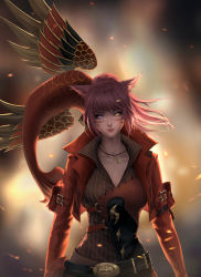 Rule 34 | 1girl, absurdres, animal ears, artist name, blurry, blurry background, breasts, cat ears, chuby mi, closed mouth, cropped jacket, facial mark, final fantasy, final fantasy xiv, heterochromia, highres, jacket, jewelry, large breasts, lips, long hair, looking at viewer, miqo&#039;te, necklace, open clothes, open jacket, pink hair, ponytail, slit pupils, smile, solo, upper body, whisker markings, wind