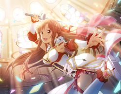 Rule 34 | 1girl, :d, arm up, armor, asuna (sao), breasts, brown eyes, brown hair, cleavage, detached sleeves, faulds, floating hair, game cg, holding, holding sword, holding weapon, long hair, long sleeves, medium breasts, miniskirt, open mouth, pleated skirt, red skirt, red sleeves, shoulder armor, skirt, smile, solo, standing, standing on one leg, sword, sword art online, thighhighs, thighs, very long hair, weapon, white thighhighs