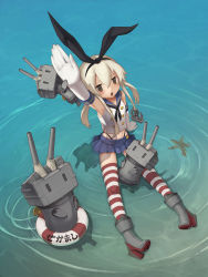 Rule 34 | 10s, 1girl, :3, arm up, black ribbon, blonde hair, blue skirt, blush, boots, brown eyes, crop top, elbow gloves, from above, full body, gloves, hair between eyes, hair ribbon, high heels, highres, kantai collection, long hair, meiax, miniskirt, neckerchief, pleated skirt, rensouhou-chan, ribbon, ripples, sailor collar, shimakaze (kancolle), shirt, silhouette, sitting, skirt, sleeveless, sleeveless shirt, starfish, striped clothes, striped thighhighs, thighhighs, triangle mouth, water, white shirt, | |, || ||