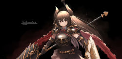 Rule 34 | 10s, 1girl, armor, artist name, belt, black background, black gloves, breastplate, brown hair, character name, cowfee, draph, dress, dual wielding, elbow gloves, forte (shingeki no bahamut), frown, gloves, granblue fantasy, highres, holding, horns, lance, long hair, pauldrons, polearm, red eyes, scarf, serious, shingeki no bahamut, shoulder armor, solo, upper body, weapon