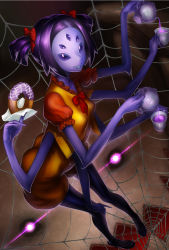 Rule 34 | 1girl, ass, bow, breasts, bug, colored skin, extra arms, extra eyes, fangs, high heels, highres, arthropod girl, monster girl, muffet, purple skin, ribbon, solo, spider, spider girl, tea, teapot, twintails, undertale