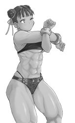 Rule 34 | 1girl, abs, bare shoulders, blush, breasts, capcom, chun-li, double bun, greyscale, highres, hori shin, large breasts, midriff, monochrome, muscular, muscular female, navel, one eye closed, panties, short hair, short shorts, shorts, simple background, sleeveless, solo, street fighter, thick thighs, thighs, underboob, underwear, white background