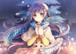 Rule 34 | 1girl, blue scarf, blush, capelet, checkered clothes, checkered scarf, hair ornament, hairclip, holding, long hair, long sleeves, looking at viewer, mittens, original, outdoors, pink eyes, purple hair, red eyes, scarf, sibyl, smile, solo