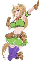 Rule 34 | 1girl, animal ears, armband, bandana, bandeau, bare shoulders, belt, blue hair, blush, boots, breasts, brown footwear, brown gloves, clenched hand, cowboy boots, gloves, green armband, green bandeau, green skirt, gun, handgun, hat on back, highres, holstered, horse ears, horse girl, horse tail, kumeri meiko, large breasts, light brown hair, looking at viewer, medium hair, midriff, navel, open mouth, outstretched arm, ponytail, purple thighhighs, simple background, skirt, smile, solo, taiki shuttle (umamusume), tail, teeth, thighhighs, thighs, umamusume, upper teeth only, weapon, white background