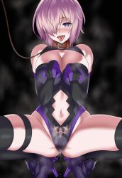 Rule 34 | 1girl, absurdres, bare shoulders, bdsm, black leotard, black thighhighs, breasts, collar, crotch, elbow gloves, fate/grand order, fate (series), gloves, hair over one eye, highleg, highleg leotard, highres, large breasts, leash, leotard, light purple hair, looking at viewer, mash kyrielight, open mouth, pubic tattoo, pubic tattoo through clothing, purple eyes, purple gloves, short hair, sirano, slave, smile, solo, squatting, tattoo, thigh strap, thighhighs, thighs, tongue, tongue out