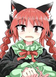 Rule 34 | 1girl, animal ears, black bow, black dress, bow, braid, cat ears, chups, dress, extra ears, fang, frilled dress, frilled sleeves, frills, green frills, highres, kaenbyou rin, looking at viewer, medium hair, open mouth, red bow, red eyes, red hair, red neckwear, simple background, solo, touhou, twin braids, upper body, white background