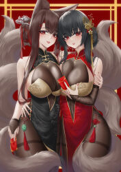 Rule 34 | 2girls, absurdres, akagi (azur lane), animal ears, azur lane, bare shoulders, black dress, black hair, blush, bridal gauntlets, brown hair, brown pantyhose, china dress, chinese clothes, chinese commentary, commentary request, covered navel, dress, fox ears, fox girl, hair ornament, highres, ichikushi mojibake, lips, long hair, looking at viewer, multiple girls, multiple tails, nail polish, official alternate costume, pantyhose, parted lips, red dress, red eyes, red nails, smile, taihou (azur lane), taihou (phoenix&#039;s spring song) (azur lane), tail, thighband pantyhose
