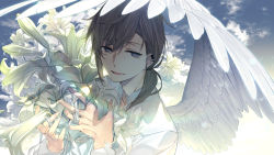 Rule 34 | 1boy, absurdres, blue sky, brown hair, clip studio paint (medium), cloud, cloudy sky, collarbone, collared shirt, commentary request, day, ear piercing, earrings, feathered wings, flower, grey eyes, hands up, highres, holding, holding flower, jewelry, jh, kanae (nijisanji), long hair, long sleeves, looking at viewer, low ponytail, male focus, mole, mole under eye, nijisanji, open mouth, outdoors, piercing, ponytail, shirt, single wing, sky, smile, solo, stud earrings, virtual youtuber, white flower, white shirt, white wings, wings