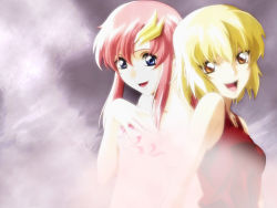 Rule 34 | 00s, 2girls, :d, bare shoulders, blonde hair, blue eyes, brown eyes, cagalli yula athha, dress, gundam, gundam seed, hair ornament, hairclip, hand on own chest, lacus clyne, looking at viewer, multiple girls, open mouth, pink dress, pink hair, red dress, short hair, sleeveless, sleeveless dress, smile, teeth, upper body, wallpaper