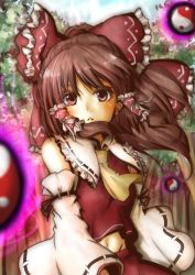 Rule 34 | 1girl, ascot, aura, bad id, bad twitter id, bare shoulders, bow, brown eyes, brown hair, collared shirt, day, detached sleeves, forest, frilled bow, frilled shirt collar, frills, groin, hair bow, hair ornament, hair tubes, hakurei reimu, highres, long hair, looking at viewer, matching hair/eyes, midriff, midriff peek, nature, navel, open mouth, orb, outdoors, parted lips, red shirt, red skirt, ribbon, ribbon-trimmed collar, ribbon-trimmed sleeves, ribbon trim, shirt, sidelocks, skirt, skirt set, sleeveless, sleeveless shirt, smile, solo, tikano, touhou, tree, upper body, wide sleeves, yin yang