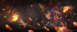 Rule 34 | 1girl, arepko, black nails, blurry, blurry foreground, brown coat, brown hair, brown hat, bug, butterfly, coat, commentary, embers, fire, flower, genshin impact, hat, hat flower, highres, hu tao (genshin impact), insect, jewelry, lips, long hair, long sleeves, multiple rings, nail polish, night, parted lips, plum blossoms, porkpie hat, reaching, reaching towards viewer, red eyes, red shirt, ring, shirt, signature, solo, tassel, upper body